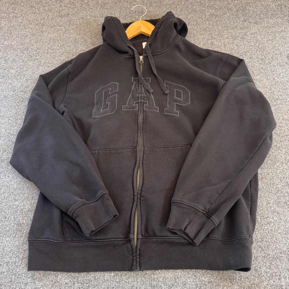 Gap Full Zip Hoodie Mens Large Black Excellent Tonal Embroidered Logo Fleece